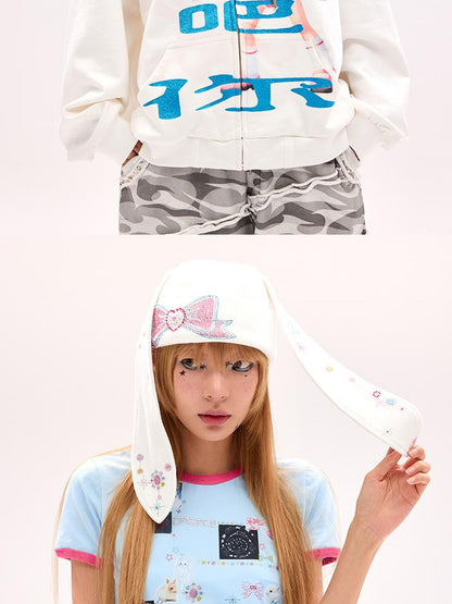 CFIERCE Crystal Studded Rabbit Ear Knit Cap