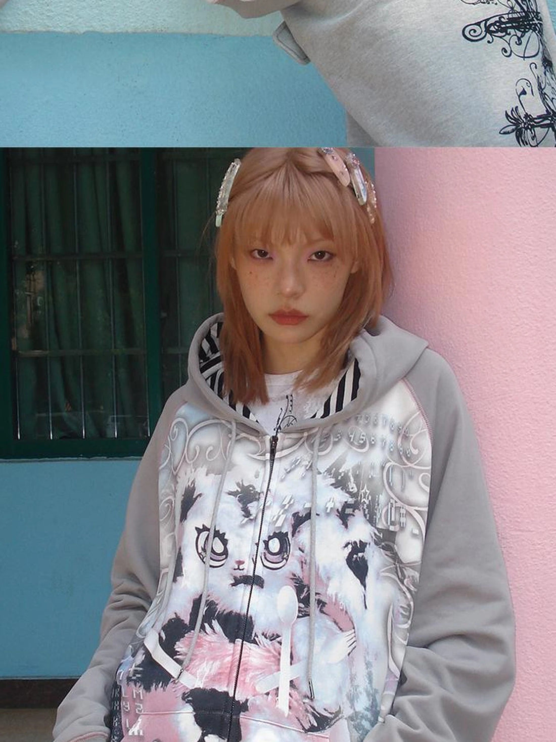 Cute Rabbit Print Loose Hooded Sweatshirt