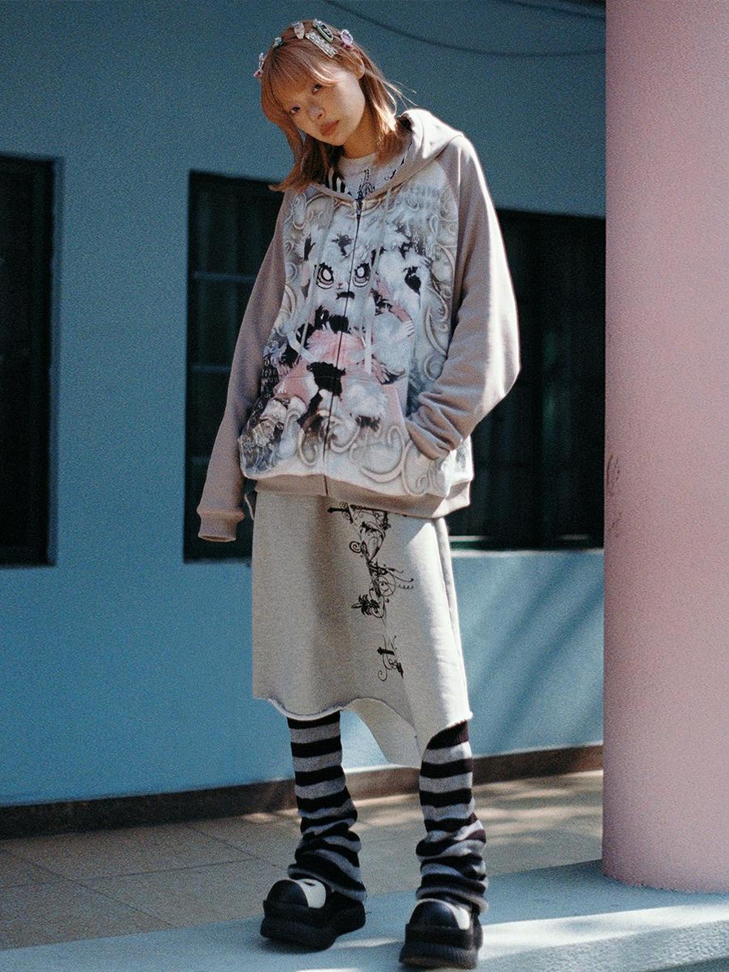 CFIERCE Cute Rabbit Print Loose Hooded Sweatshirt