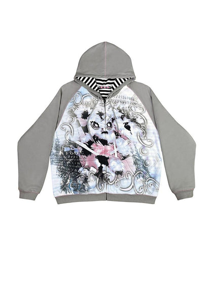 CFIERCE Cute Rabbit Print Loose Hooded Sweatshirt