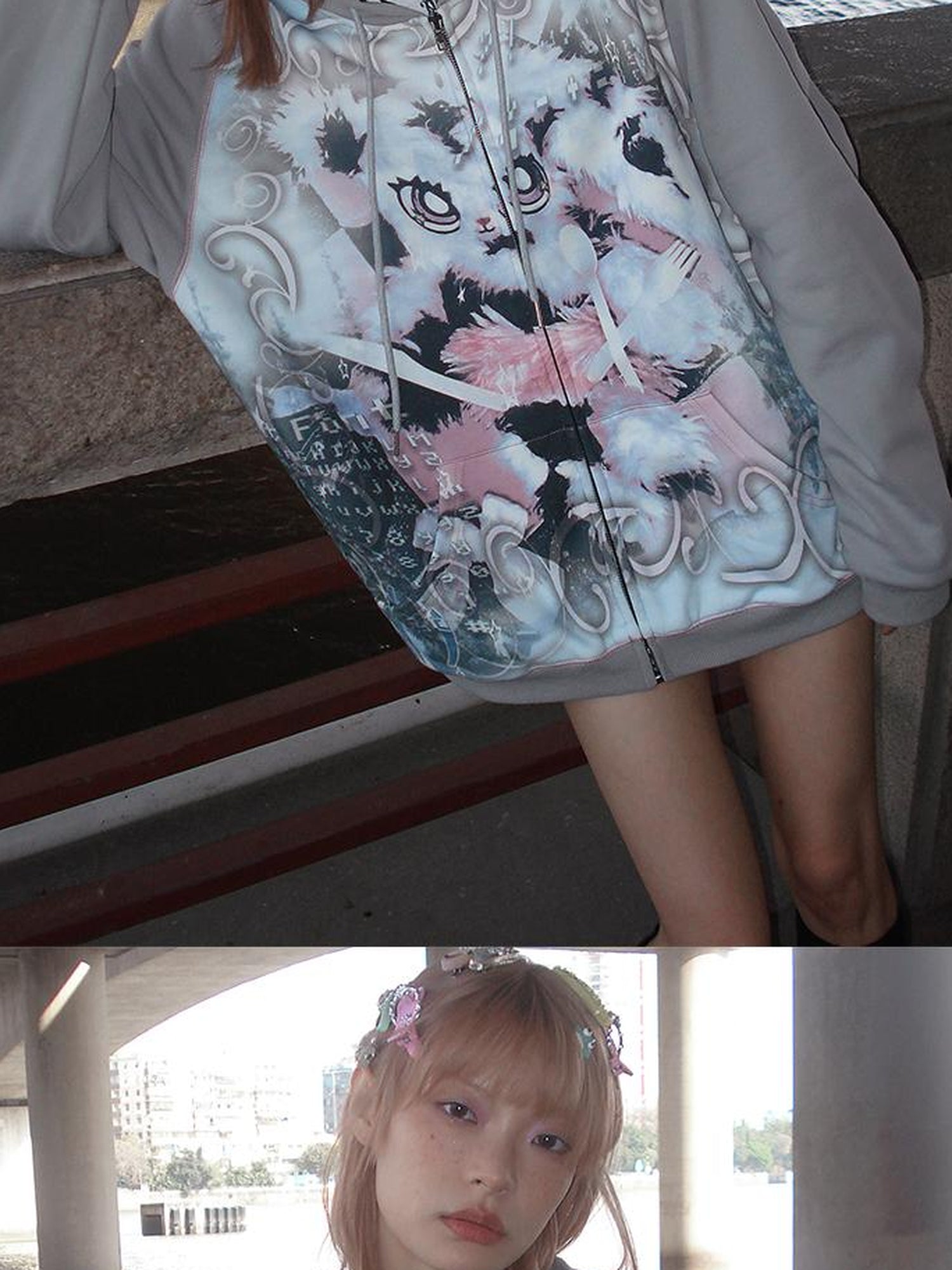CFIERCE Cute Rabbit Print Loose Hooded Sweatshirt