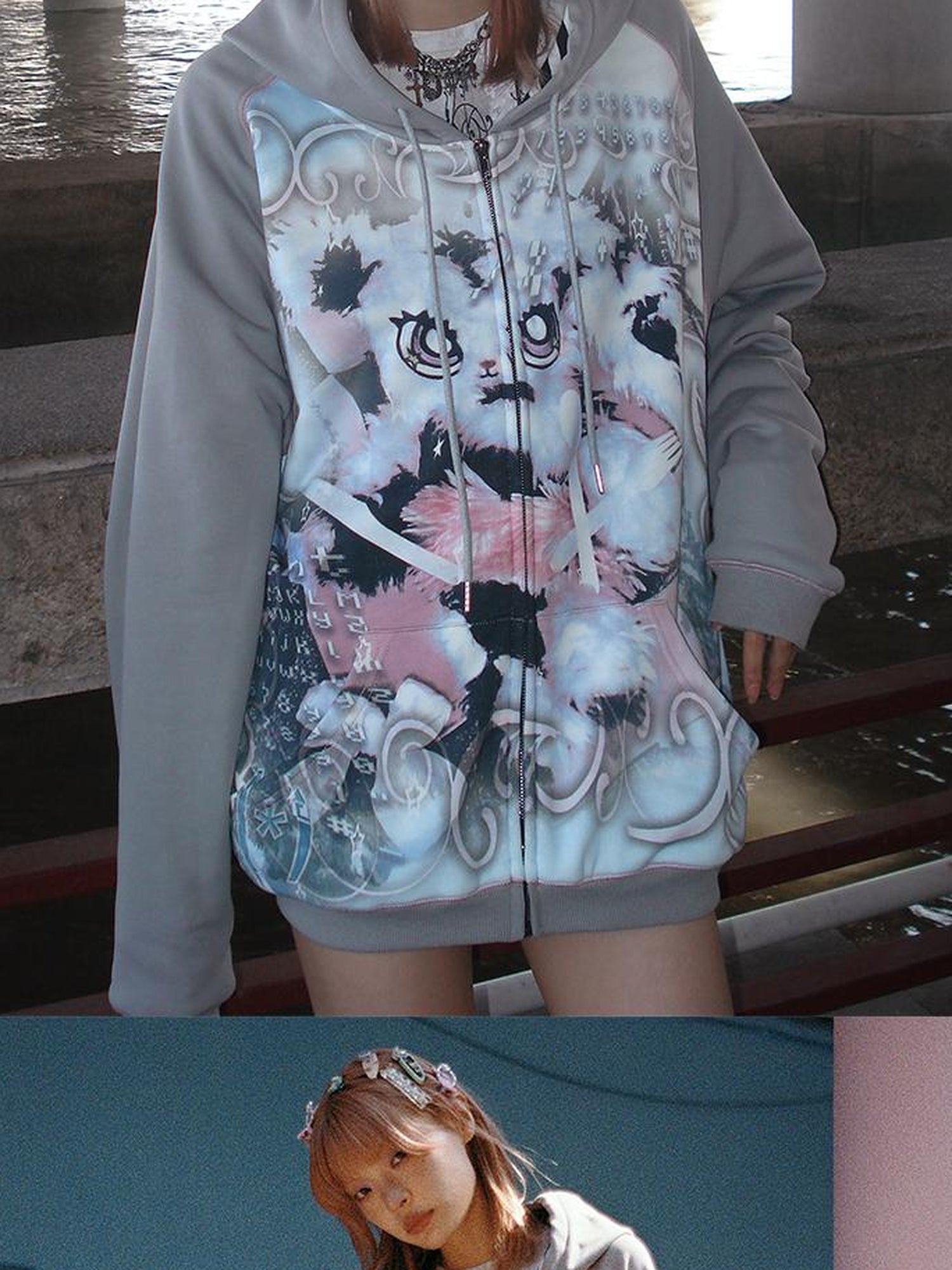 CFIERCE Cute Rabbit Print Loose Hooded Sweatshirt