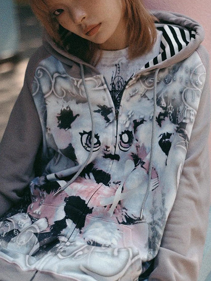 Cute Rabbit Print Loose Hooded Sweatshirt