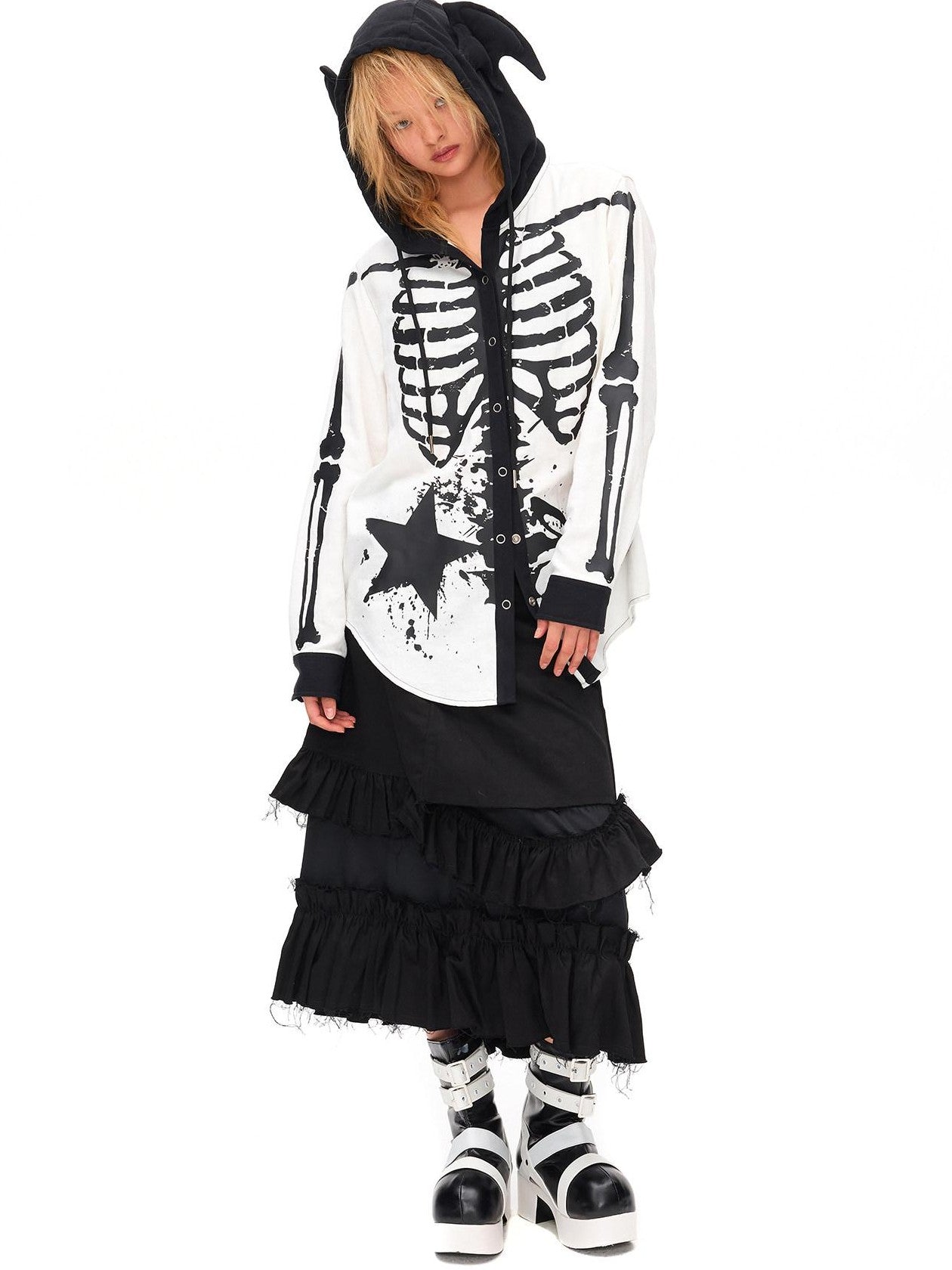 CFIERCE Demon Skull Print Hooded Dark Gothic Women&
