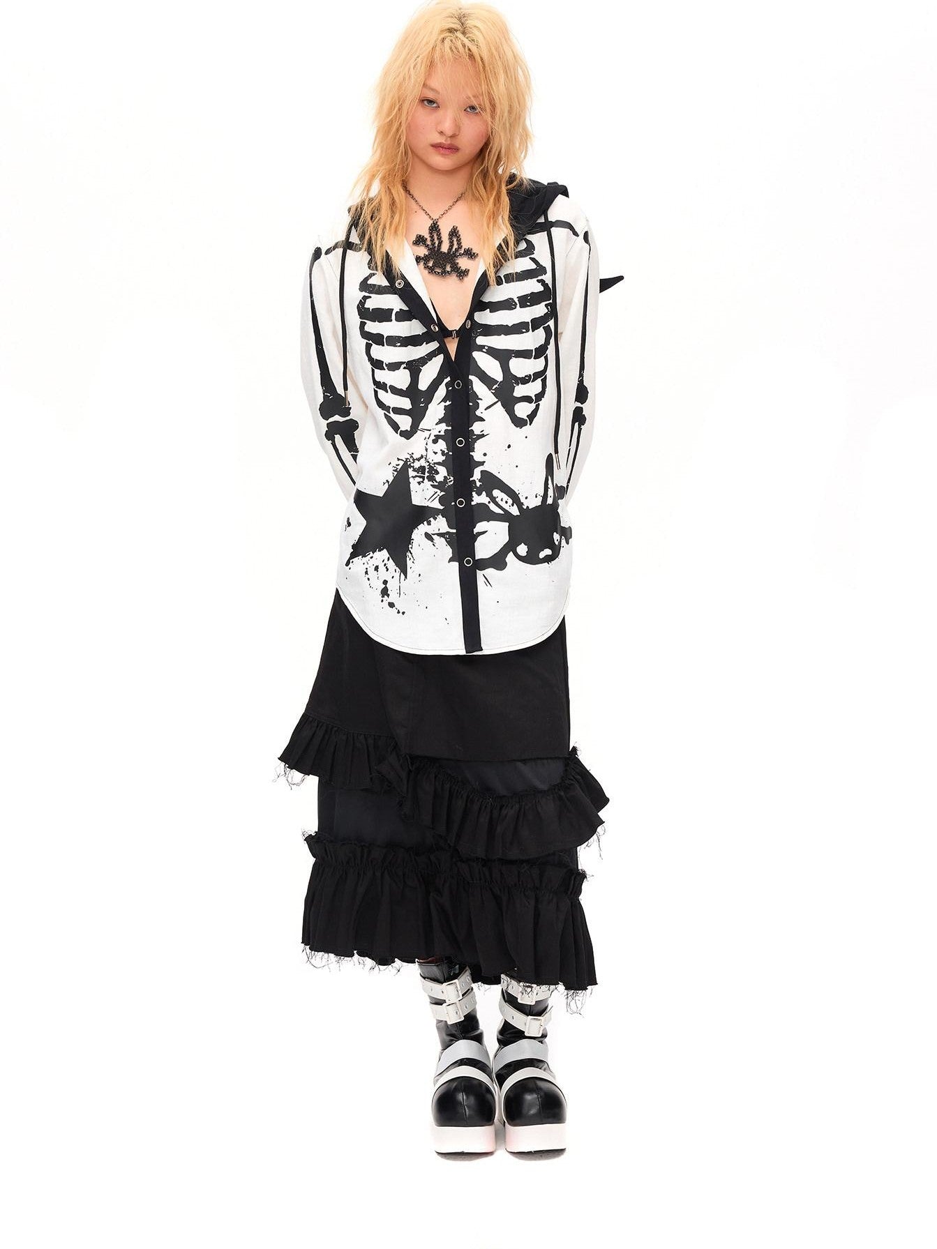 CFIERCE Demon Skull Print Hooded Dark Gothic Women&