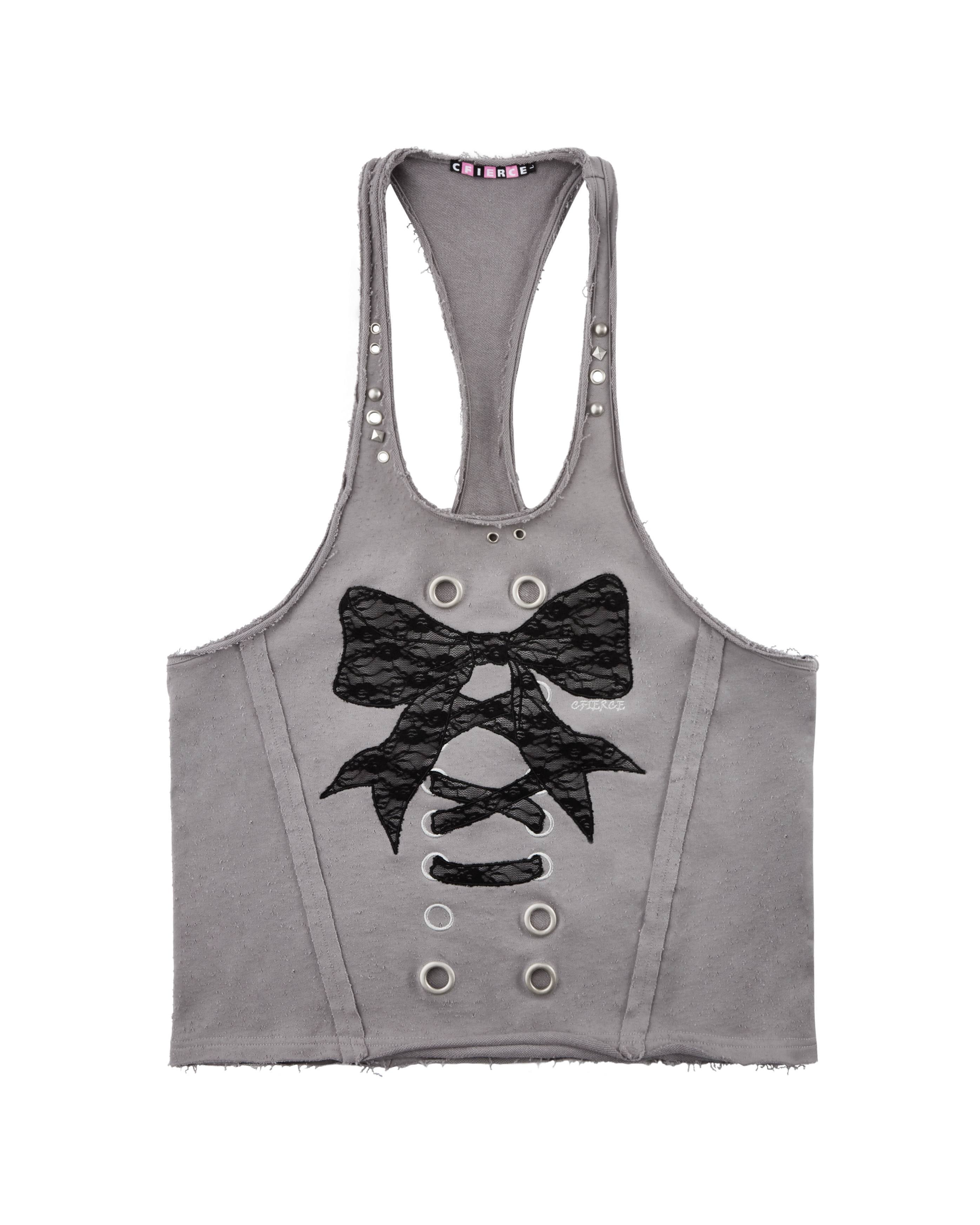 CFIERCE_Distressed_Studded_Lace_Bow_U_Neck_H_Cut_Mid_Length_Women&