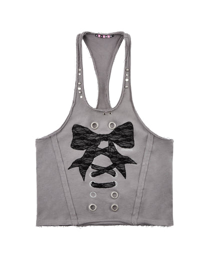 CFIERCE_Distressed_Studded_Lace_Bow_U_Neck_H_Cut_Mid_Length_Women&