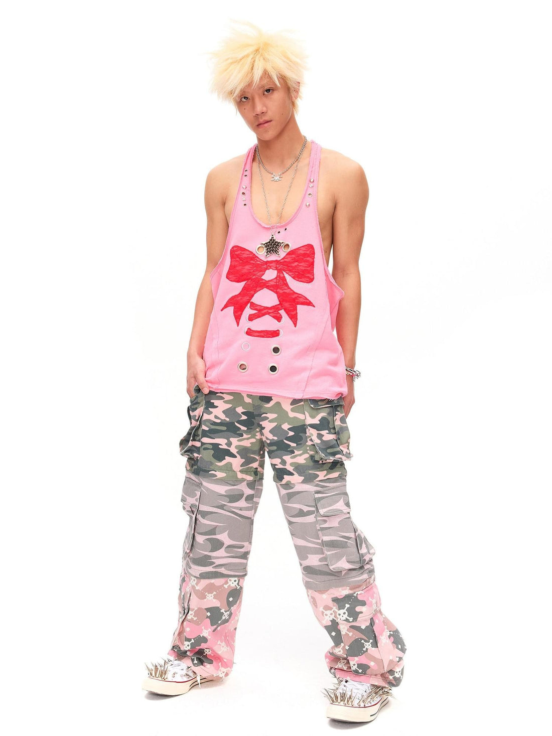 CFIERCE Distressed Studded Lace Bow U Neck H Cut Mid Length Women&
