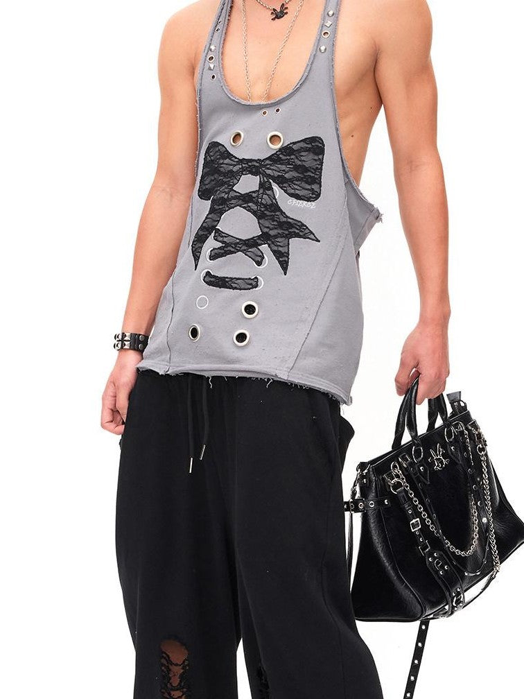 CFIERCE Distressed Studded Lace Bow U Neck H Cut Mid Length Women&