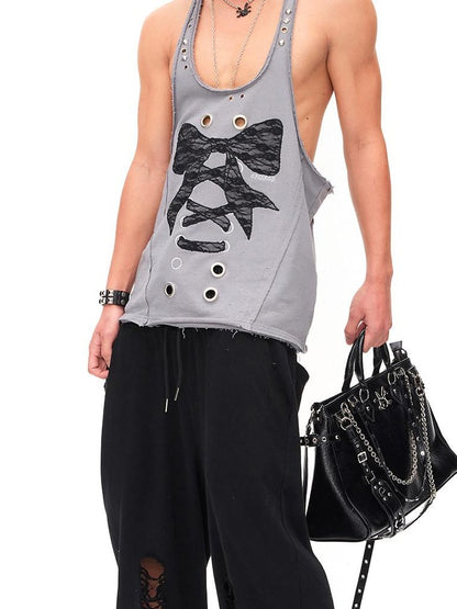 CFIERCE Distressed Studded Lace Bow U Neck H Cut Mid Length Women&