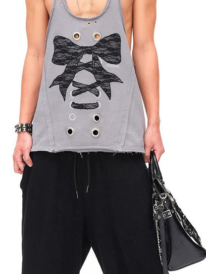 CFIERCE Distressed Studded Lace Bow U Neck H Cut Mid Length Women&