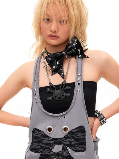 CFIERCE Distressed Studded Lace Bow U Neck H Cut Mid Length Women&