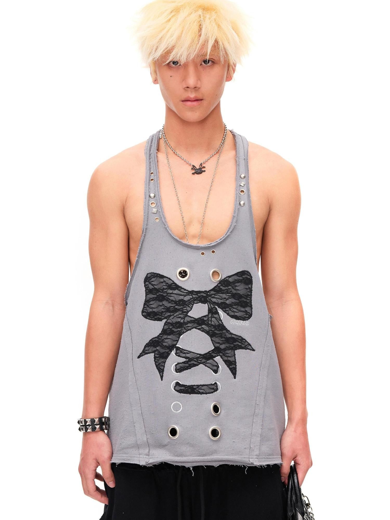 CFIERCE Distressed Studded Lace Bow U Neck H Cut Mid Length Women&
