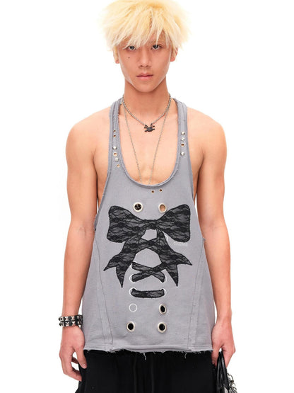 CFIERCE Distressed Studded Lace Bow U Neck H Cut Mid Length Women&