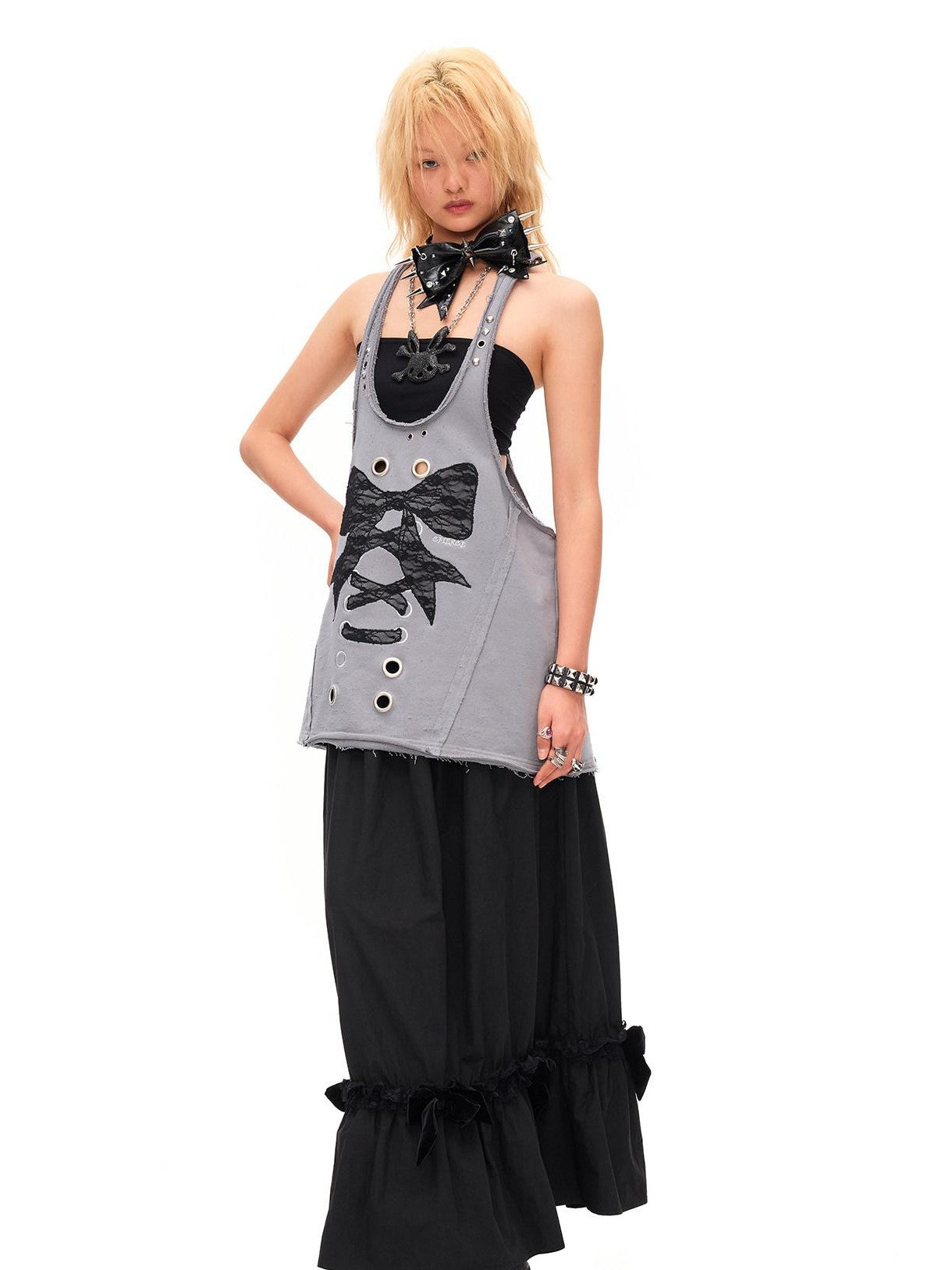 CFIERCE Distressed Studded Lace Bow U Neck H Cut Mid Length Women&