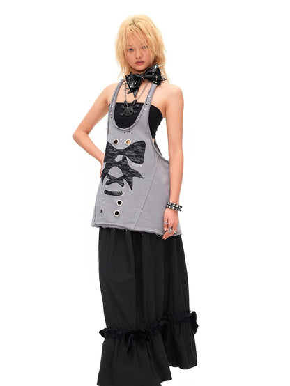 CFIERCE Distressed Studded Lace Bow U Neck H Cut Mid Length Women&