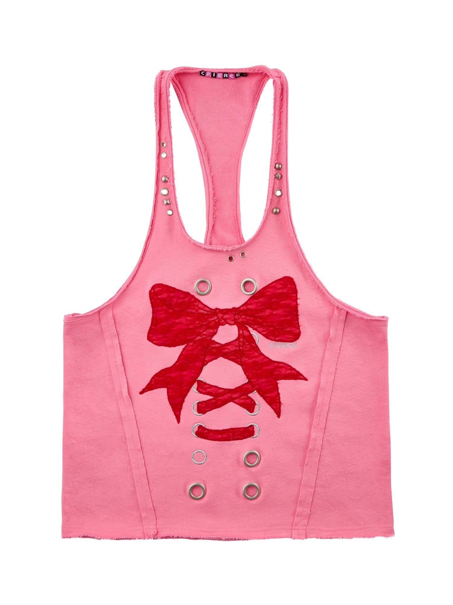 CFIERCE Distressed Studded Lace Bow U Neck H Cut Mid Length Women&