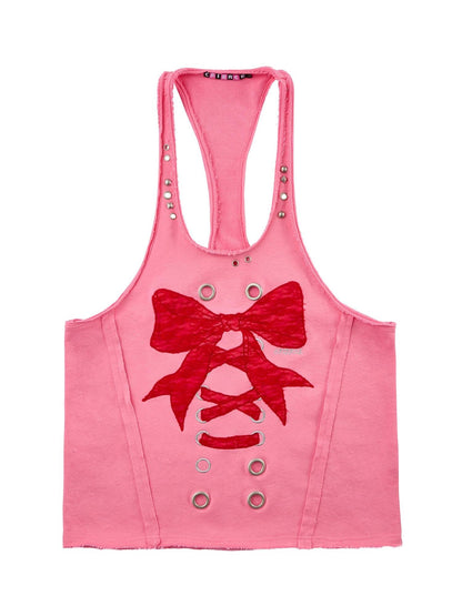 CFIERCE Distressed Studded Lace Bow U Neck H Cut Mid Length Women&