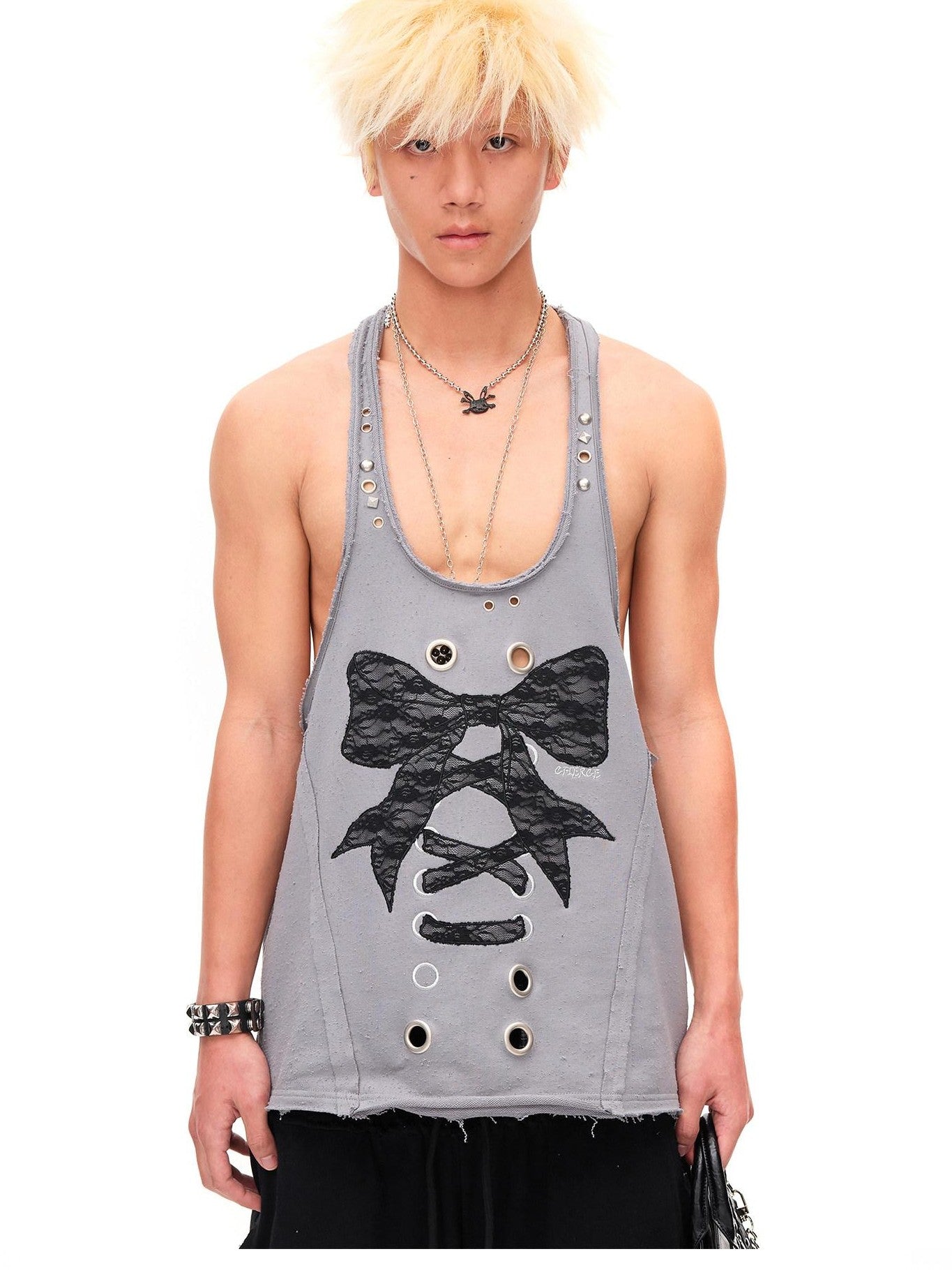 CFIERCE Distressed Studded Lace Bow U Neck H Cut Mid Length Women&