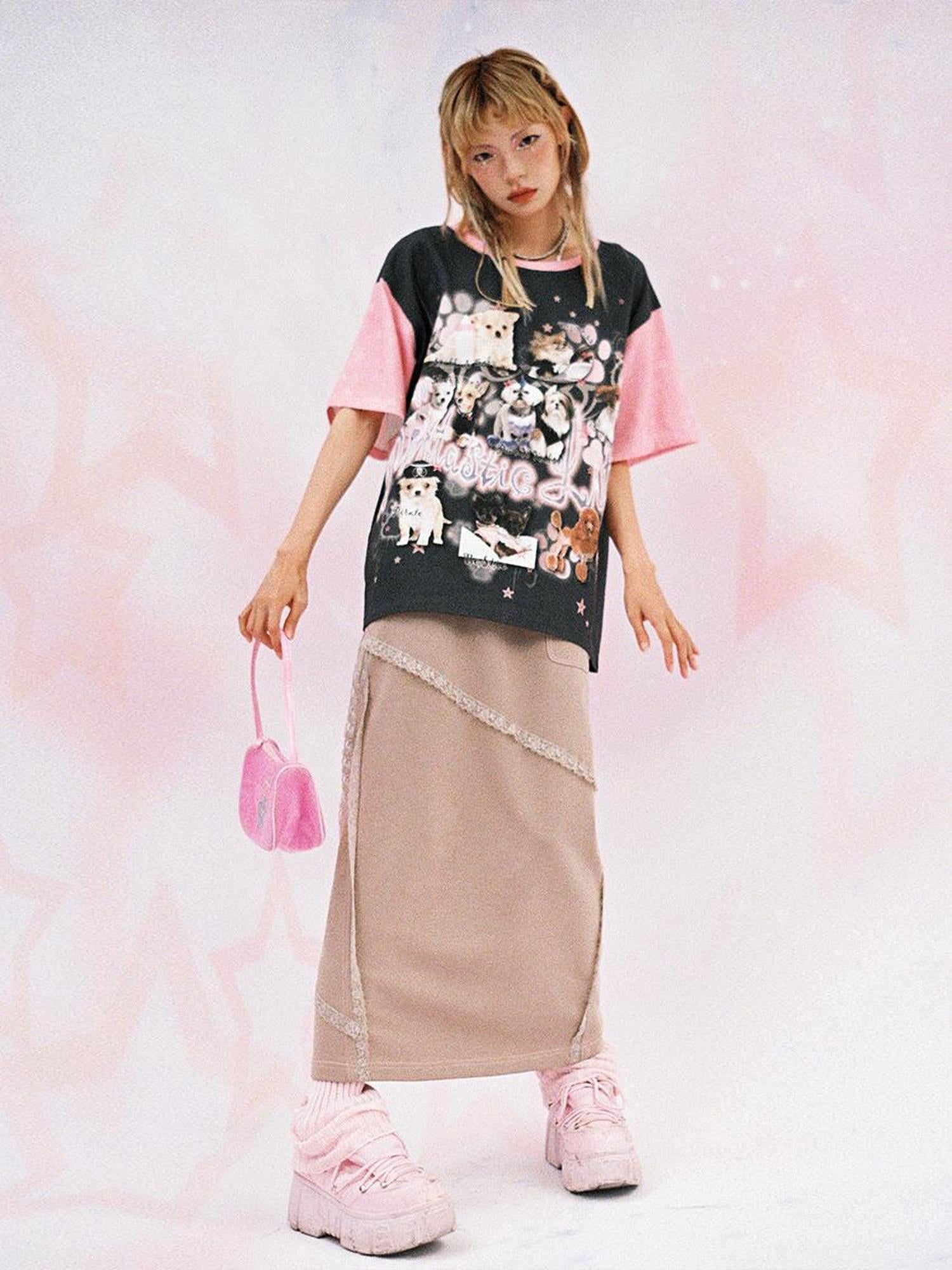 CFIERCE Dog Print Contrast Color Loose Tee