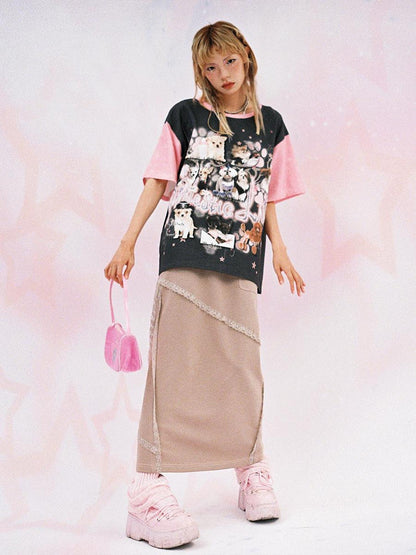 CFIERCE Dog Print Contrast Color Loose Tee