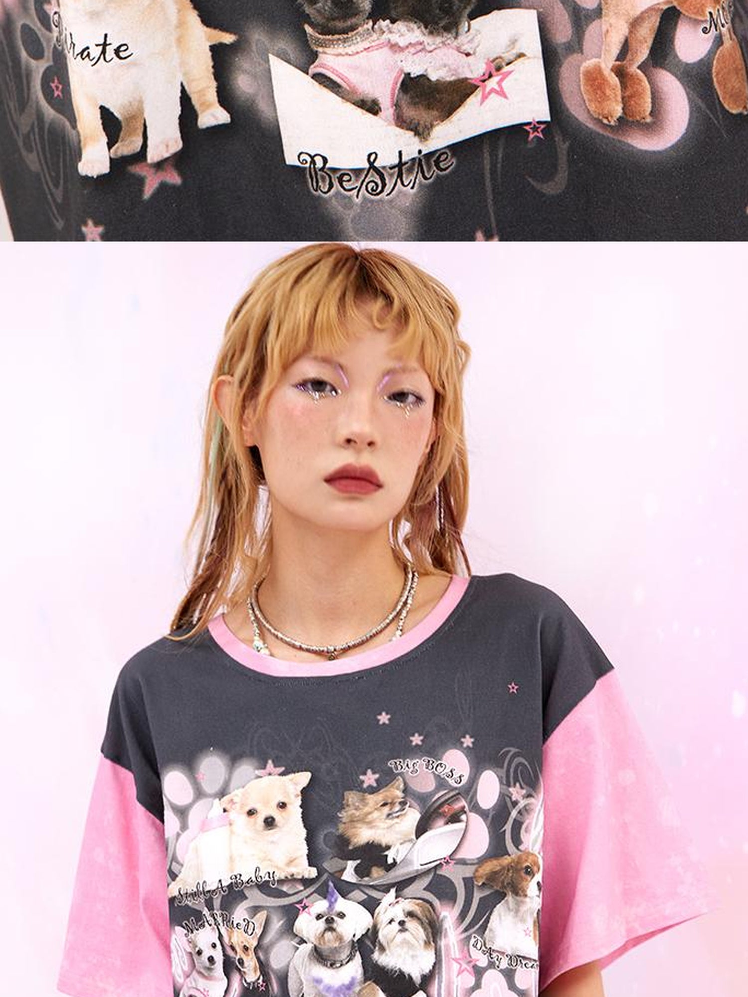 CFIERCE Dog Print Contrast Color Loose Tee
