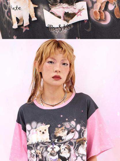 CFIERCE Dog Print Contrast Color Loose Tee