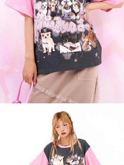 CFIERCE Dog Print Contrast Color Loose Tee