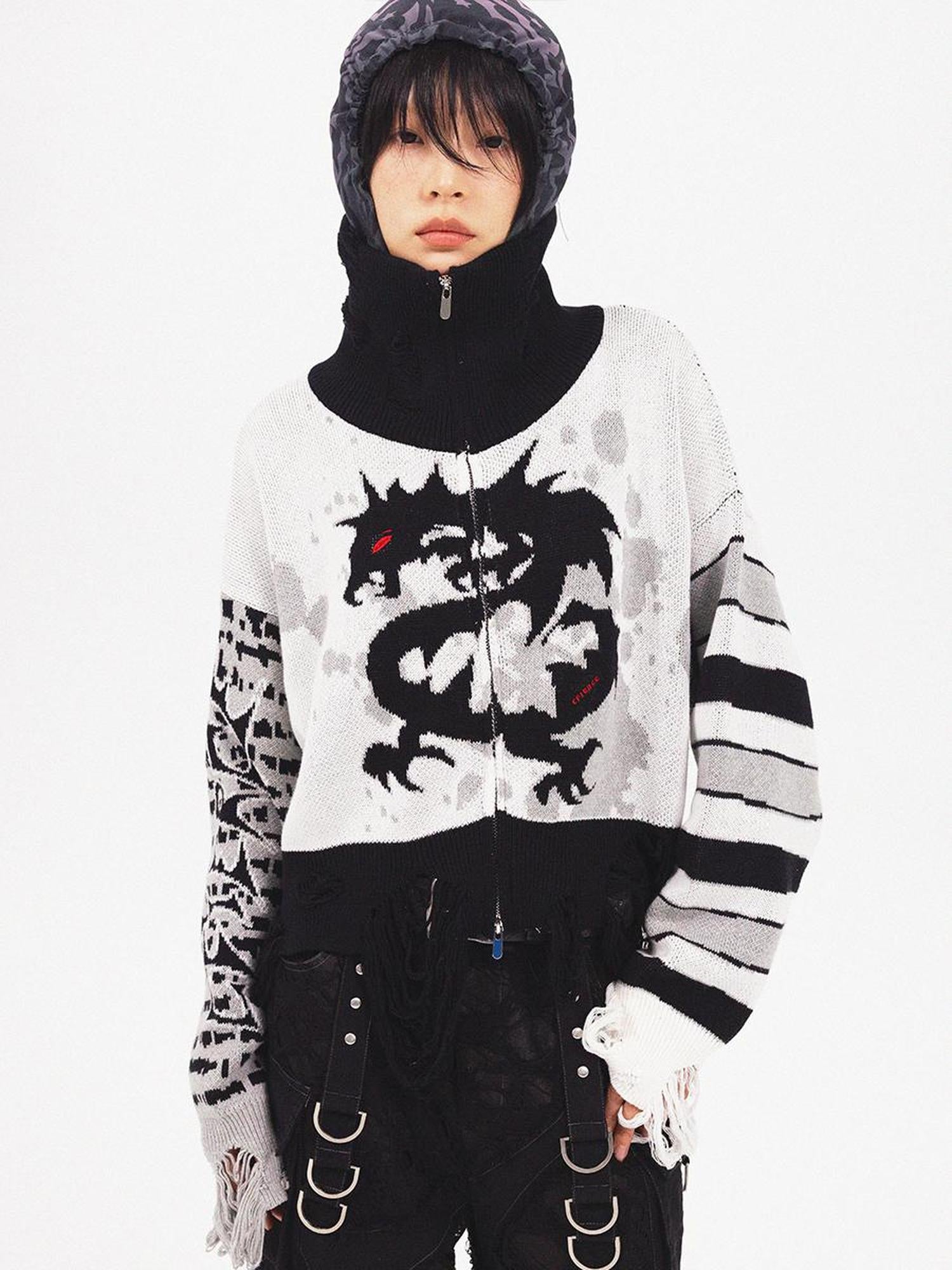 CFIERCE Dragon Knit Cardigan Year Of The Dragon Limited Edition V-Neck T-Shirt Long-Sleeve