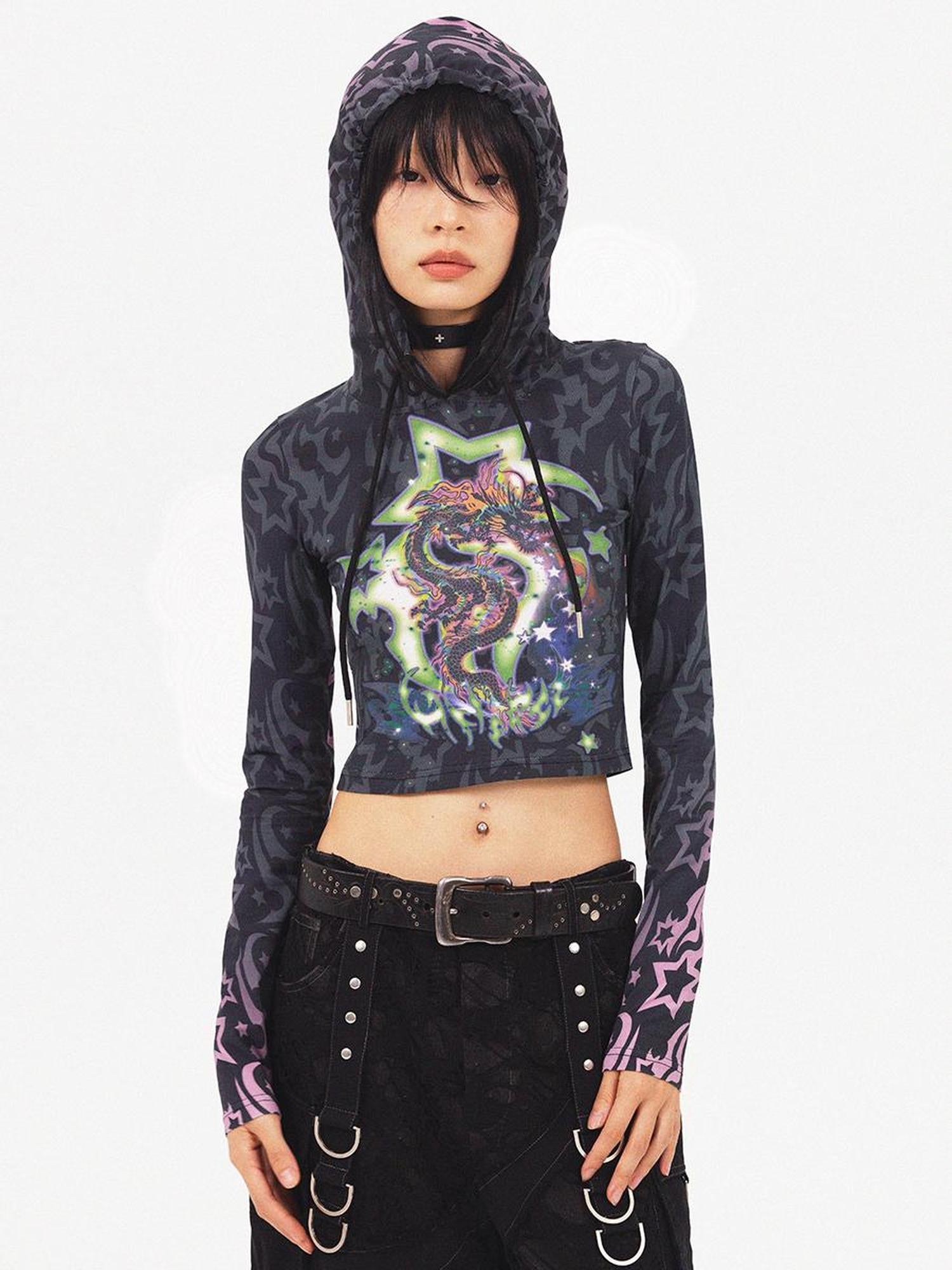 CFIERCE Dragon Print Cropped Sweatshirt