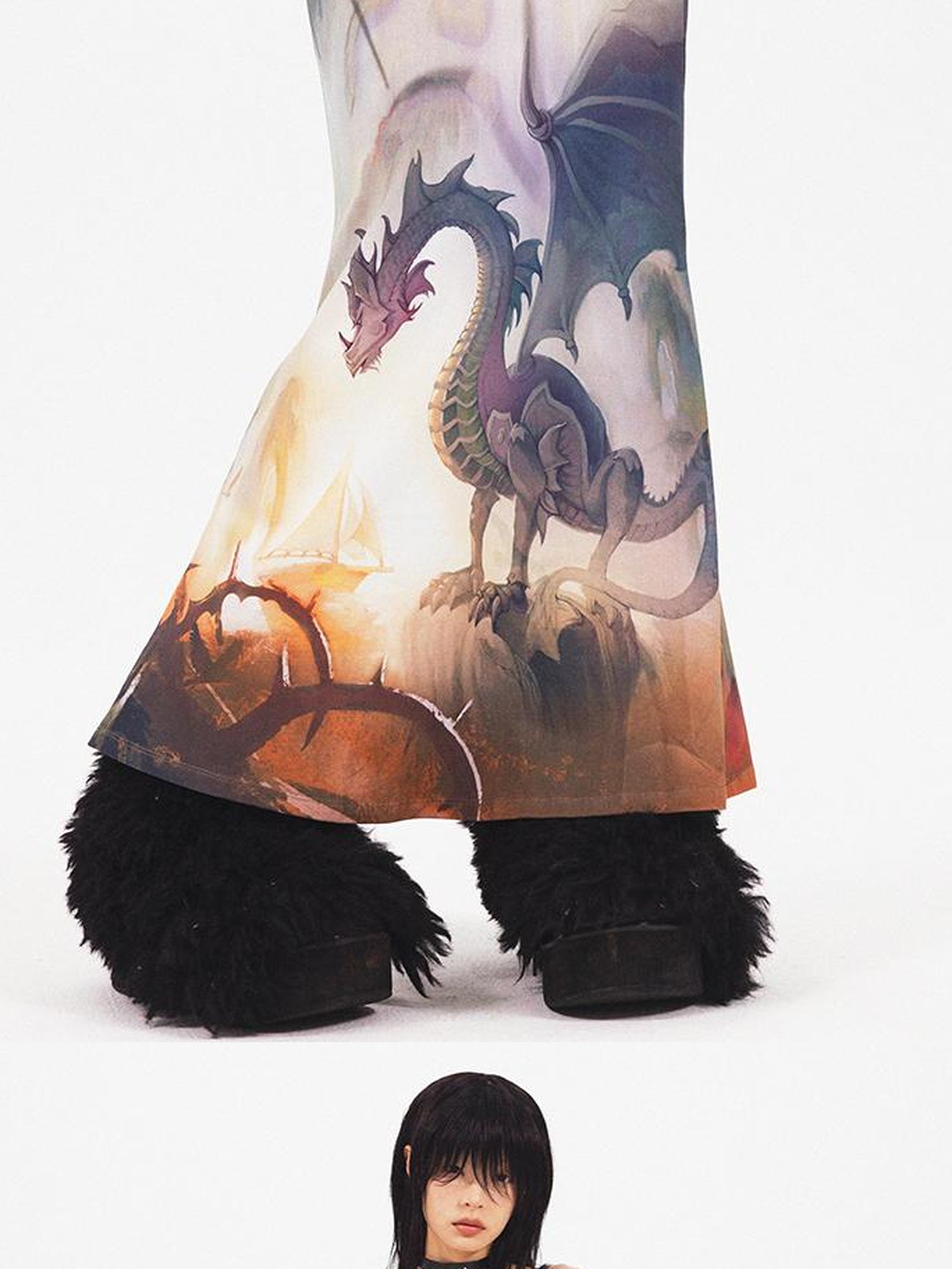 CFIERCE Dragon Print Fishtail Maxi Dress