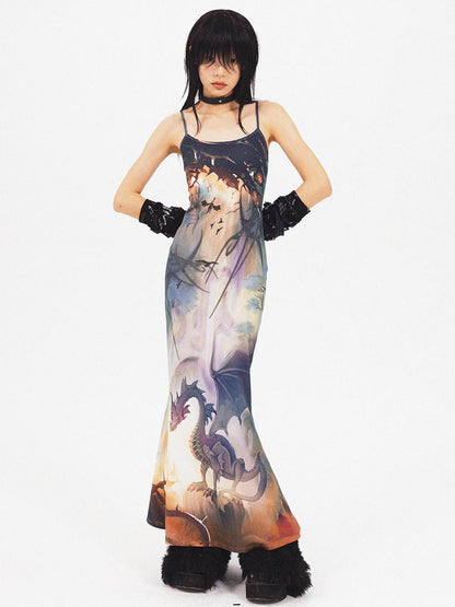 CFIERCE Dragon Print Fishtail Maxi Dress