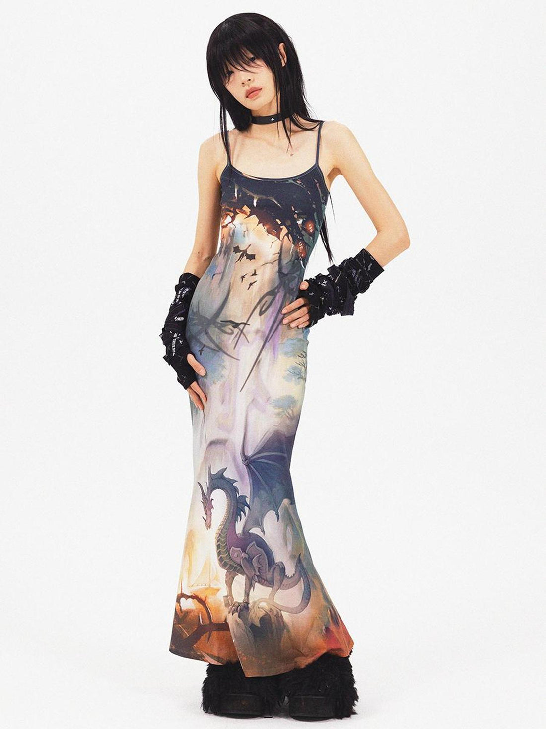 CFIERCE Dragon Print Fishtail Maxi Dress