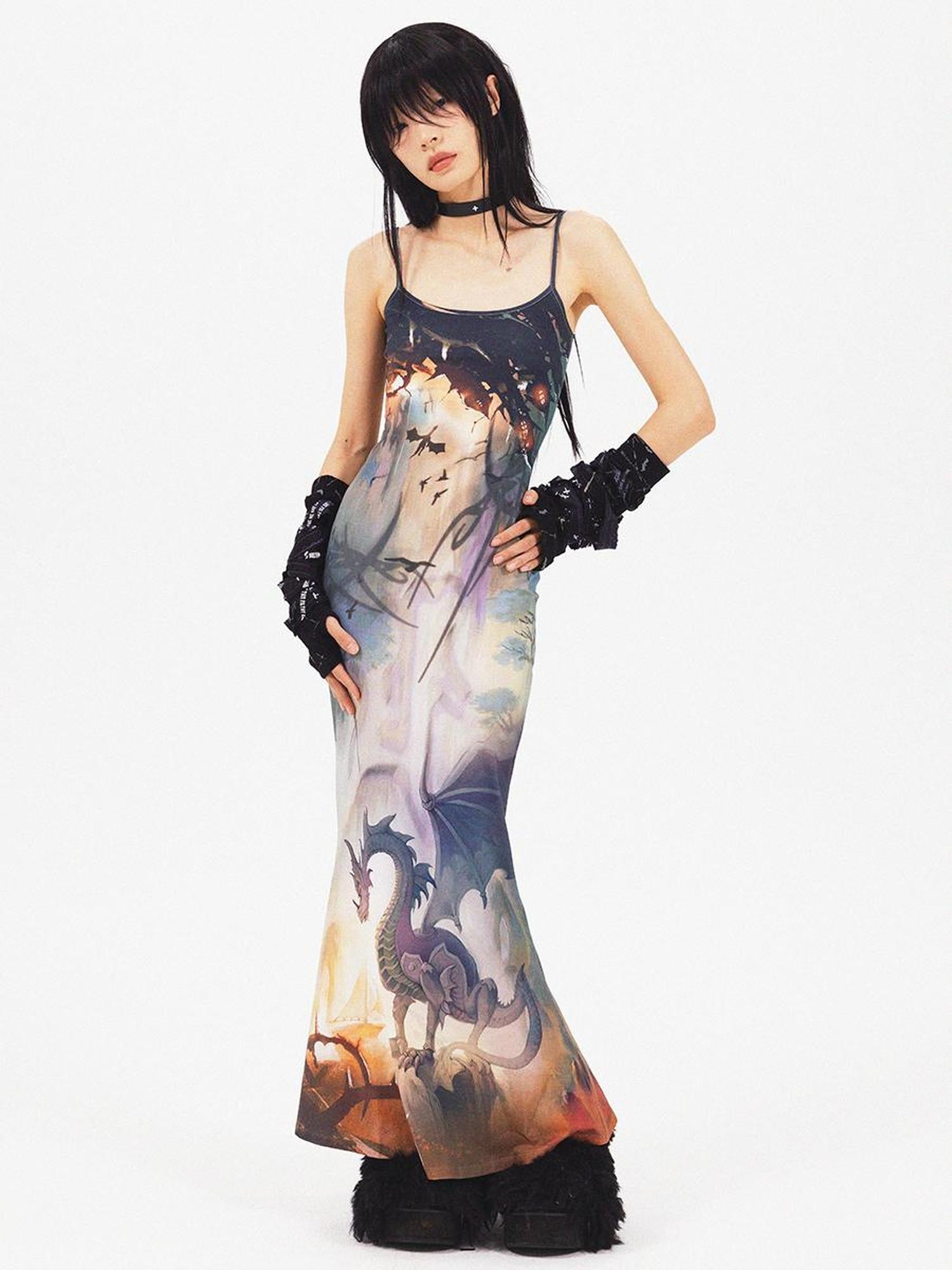 CFIERCE Dragon Print Fishtail Maxi Dress
