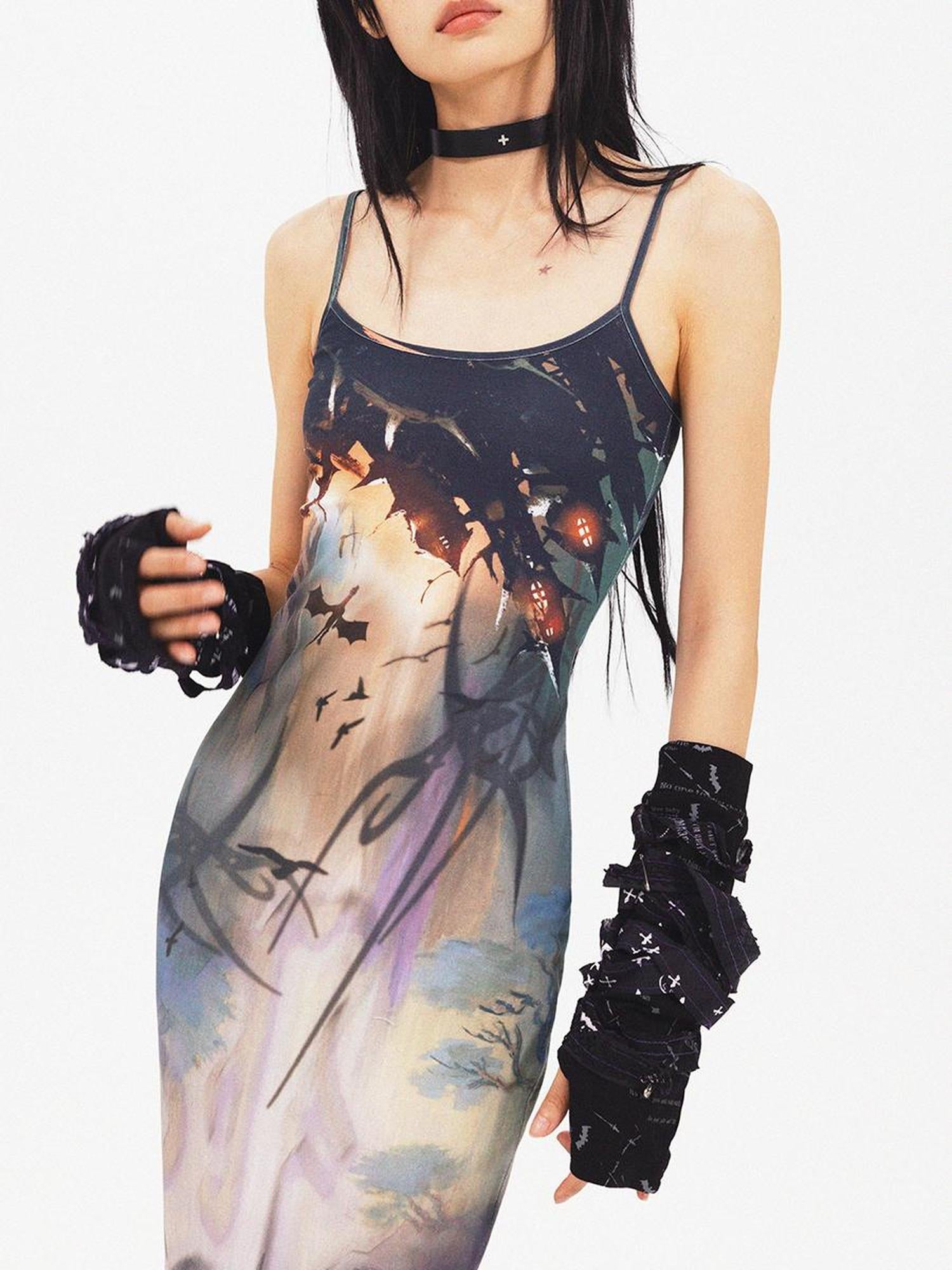 CFIERCE Dragon Print Fishtail Maxi Dress