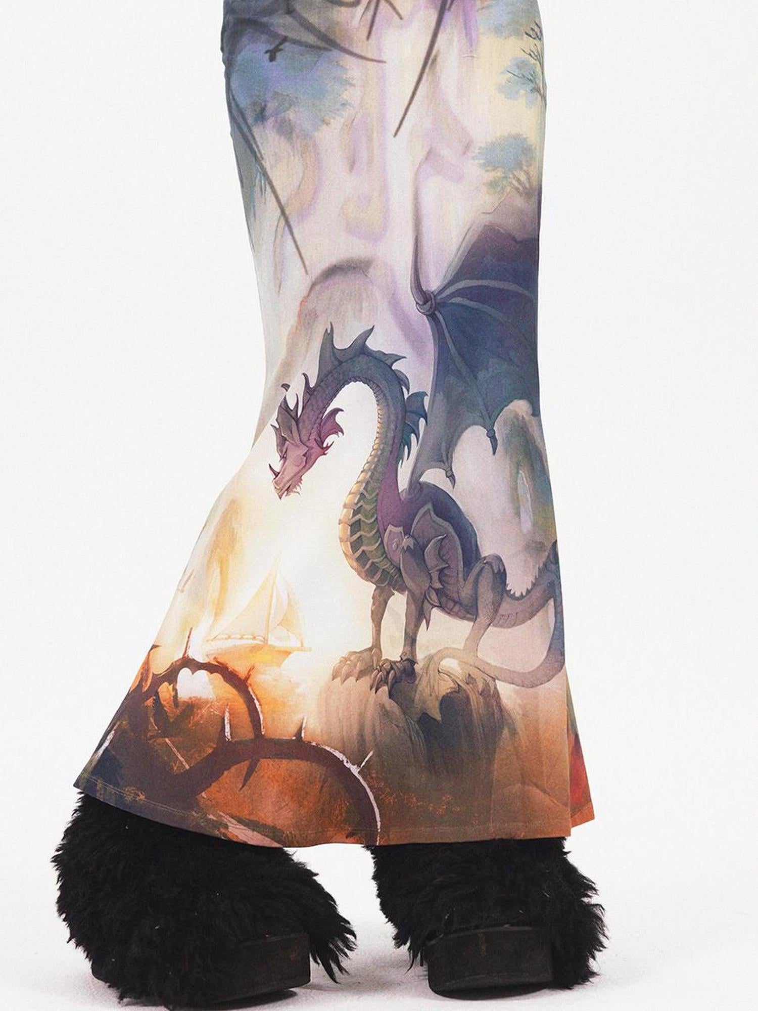 CFIERCE Dragon Print Fishtail Maxi Dress