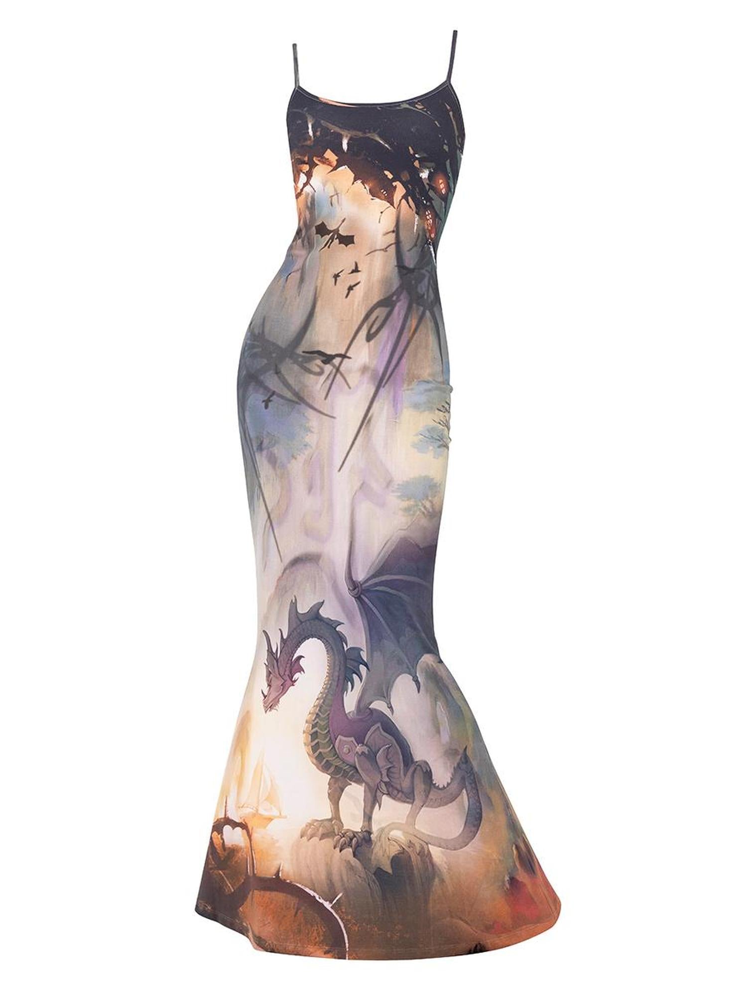 CFIERCE Dragon Print Fishtail Maxi Dress