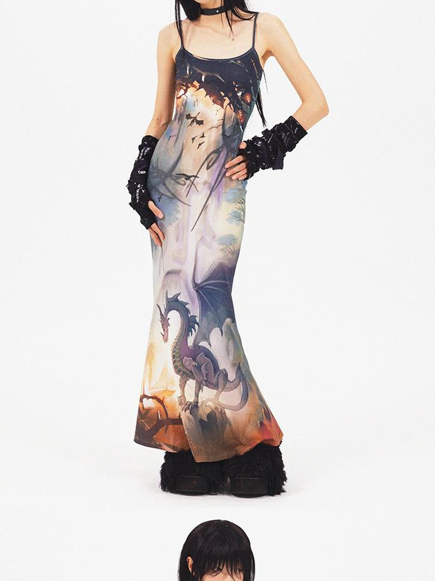 CFIERCE Dragon Print Fishtail Maxi Dress