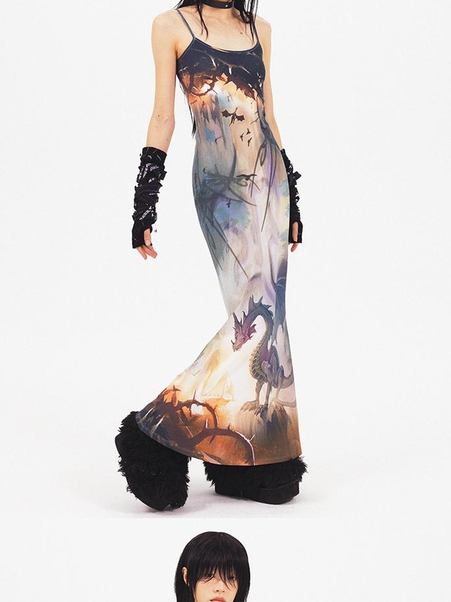 CFIERCE Dragon Print Fishtail Maxi Dress