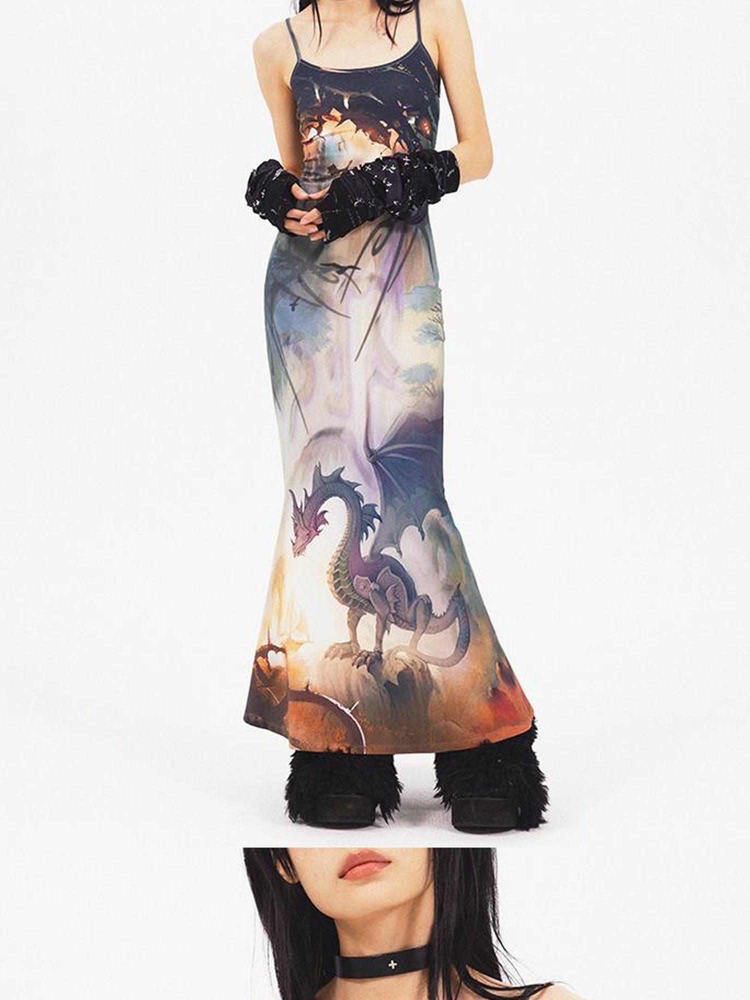CFIERCE Dragon Print Fishtail Maxi Dress