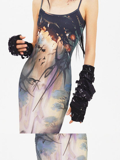 CFIERCE Dragon Print Fishtail Maxi Dress