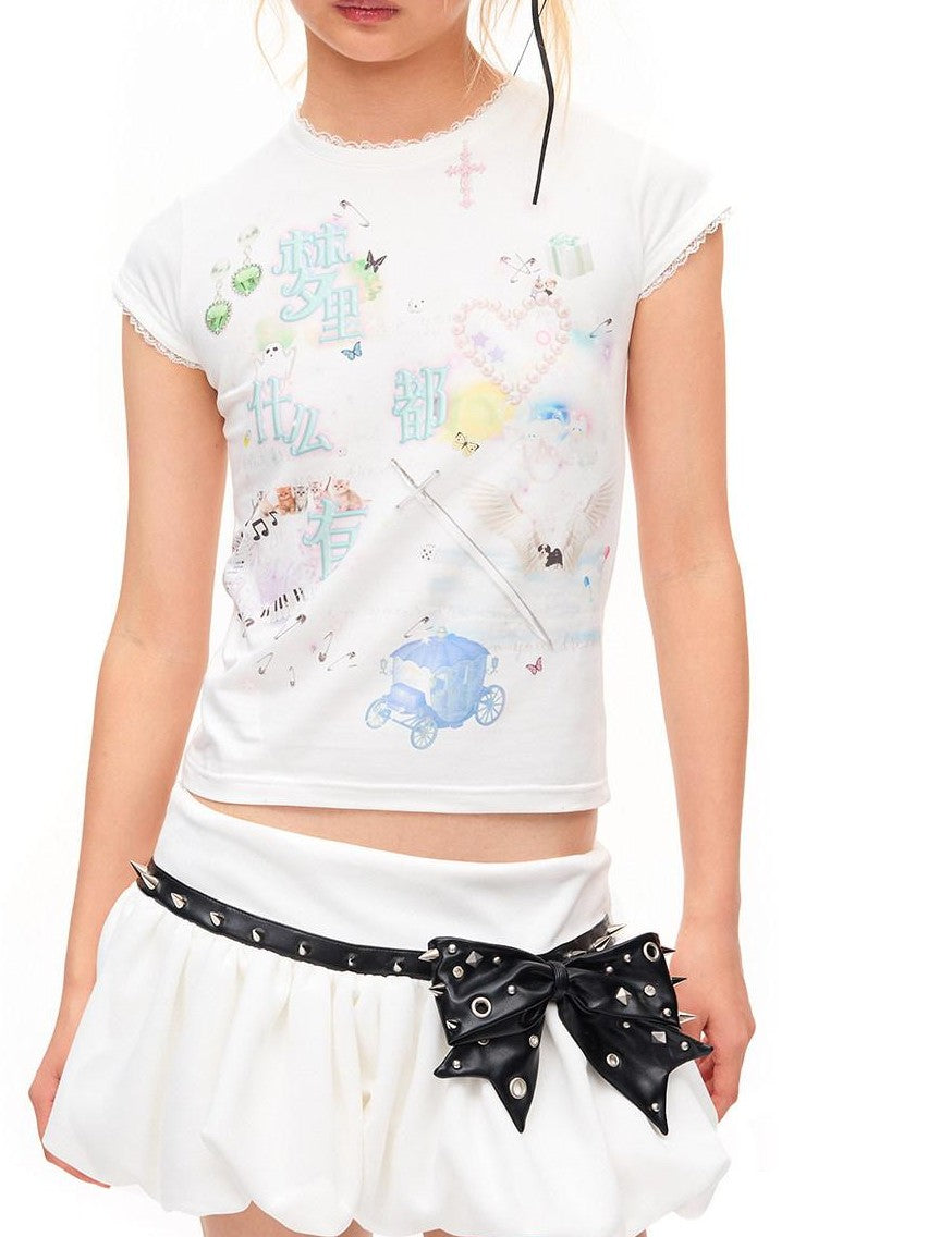 CFIERCE Dream Text Print Lace Trim Women&