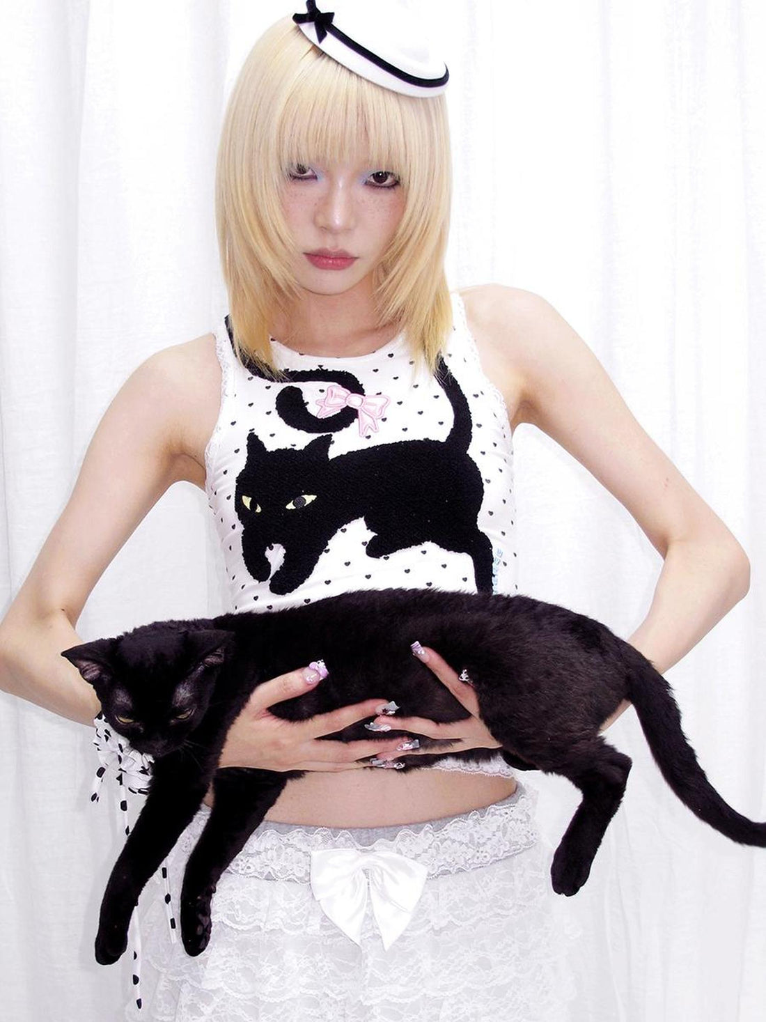 CFIERCE Embroidered Black Cat Heart Print Vest