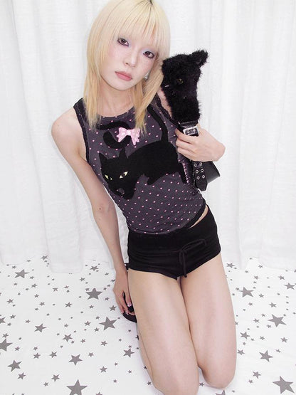 CFIERCE Embroidered Black Cat Heart Print Vest