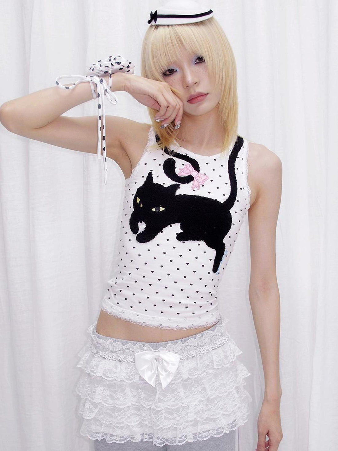 CFIERCE Embroidered Black Cat Heart Print Vest