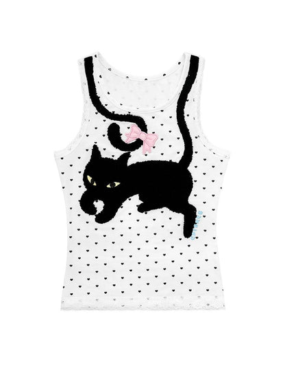CFIERCE Embroidered Black Cat Heart Print Vest