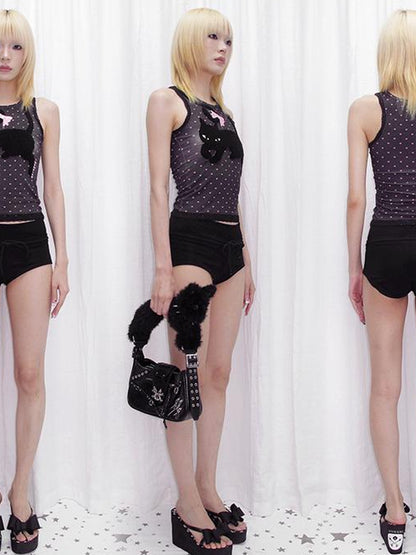 CFIERCE Embroidered Black Cat Heart Print Vest