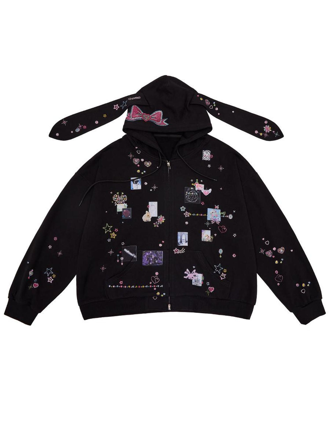 CFIERCE Embroidered Rabbit Ear Hoodie With Rhinestone Details