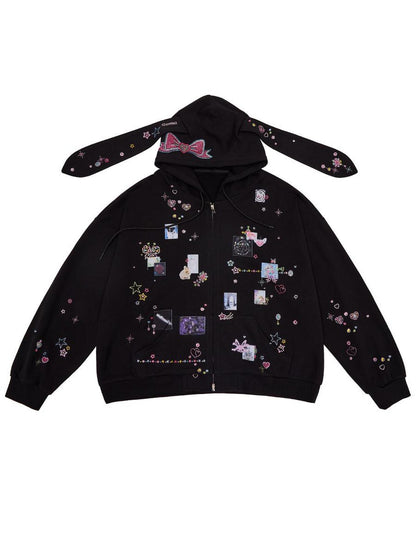 CFIERCE Embroidered Rabbit Ear Hoodie With Rhinestone Details