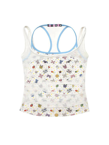 CFIERCE Faux Two Layer Strap Top With Sticker Print